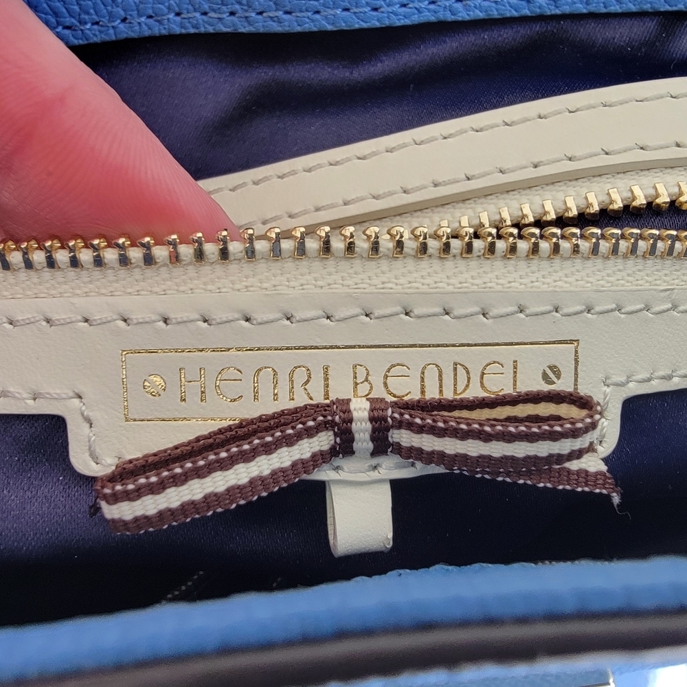 Henri Bendel Convertable Backpack In Pebble Grain Leather Periwinkle-Navy Suede - Picture 4 of 14